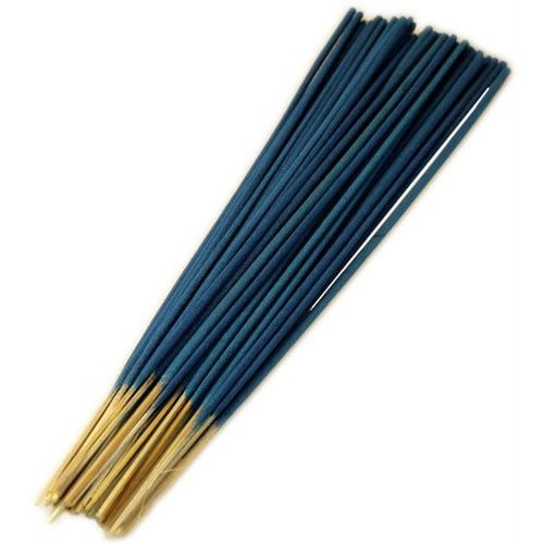 Large bundle of blue unfragranced raw incense sticks tied together.