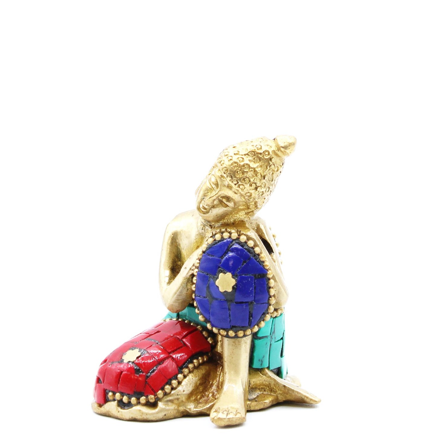 Small polished brass statue of a Buddha in a thinking pose, resting its head on one knee.