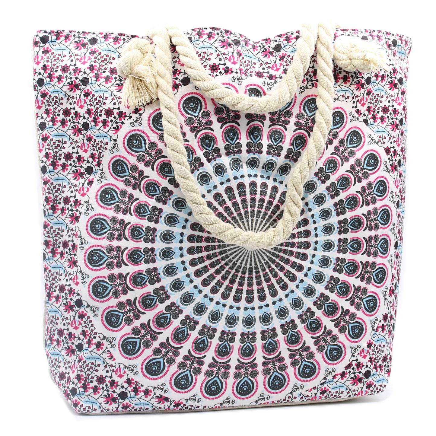 Vibrant electric blue tote bag featuring a white mandala pattern and thick cream rope handles.
