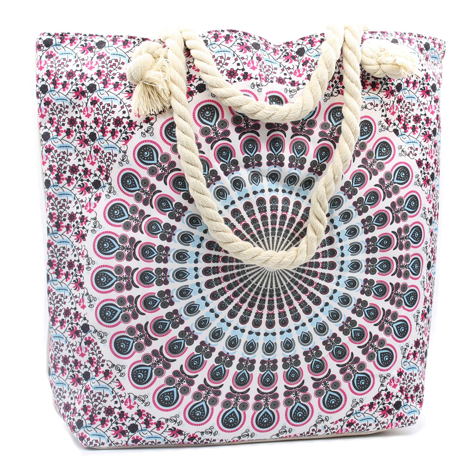 Vibrant electric blue tote bag featuring a white mandala pattern and thick cream rope handles.
