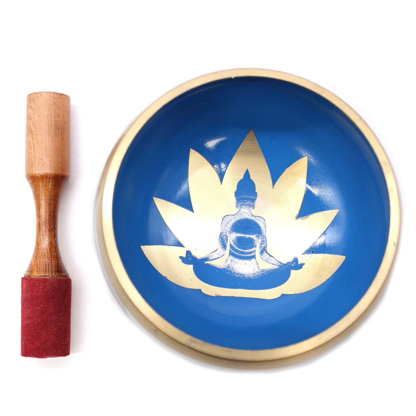 Large white and blue Tibetan singing bowl with yoga pose illustrations on a decorative cushion with a wooden mallet.
