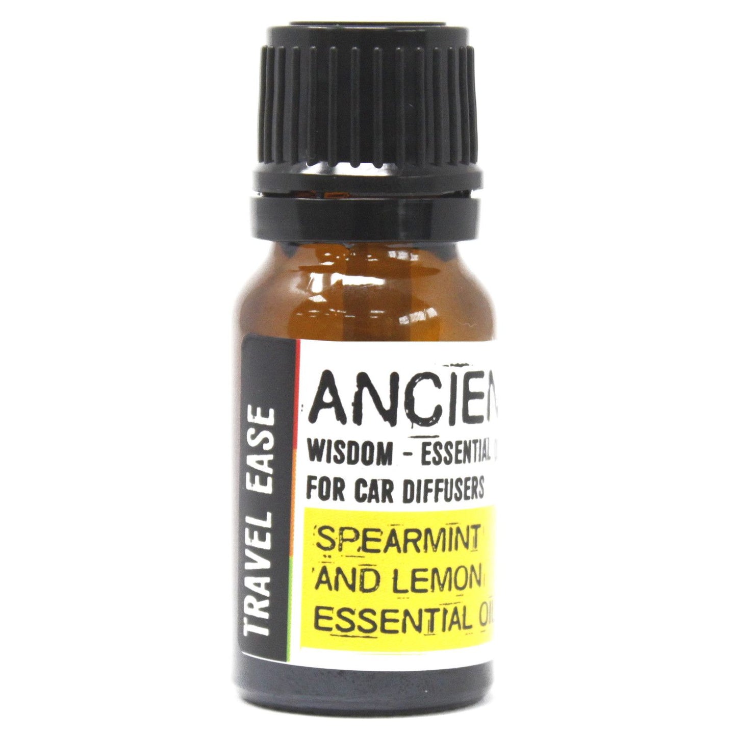 A small 10ml amber glass bottle of Travel Ease aromatherapy essential oil blend for car diffusers.