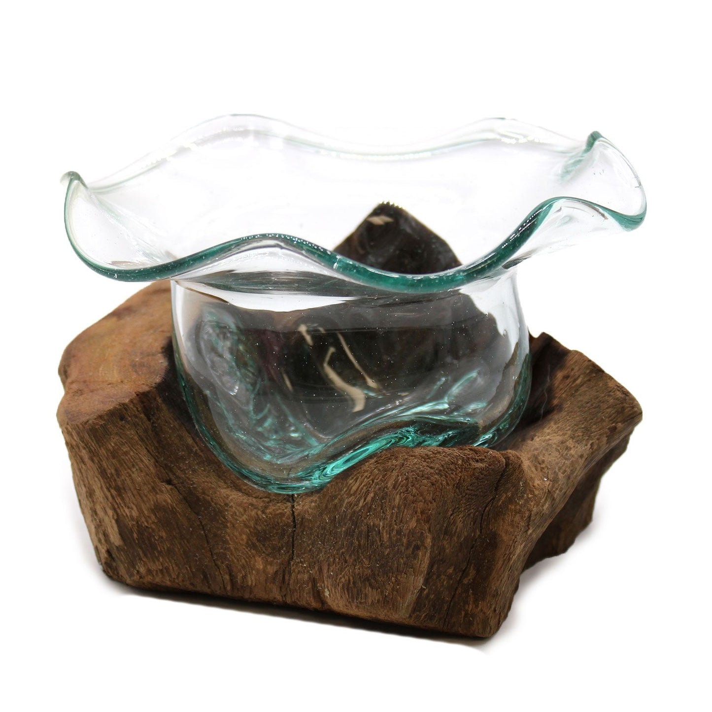 Hand-blown molten glass bowl uniquely shaped over a natural gamal wood root base.