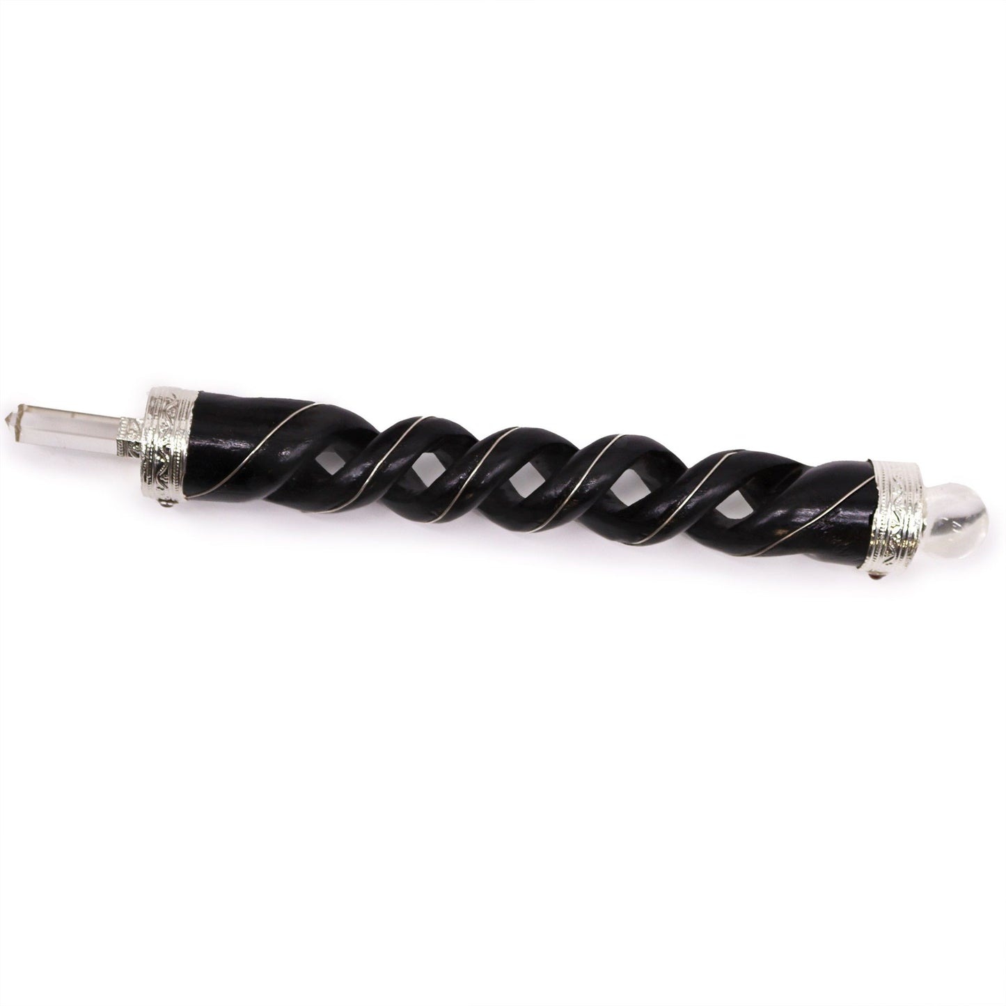 Hand-carved wooden healing wand with a spiral design, featuring a clear quartz point and sphere with metal detailing.