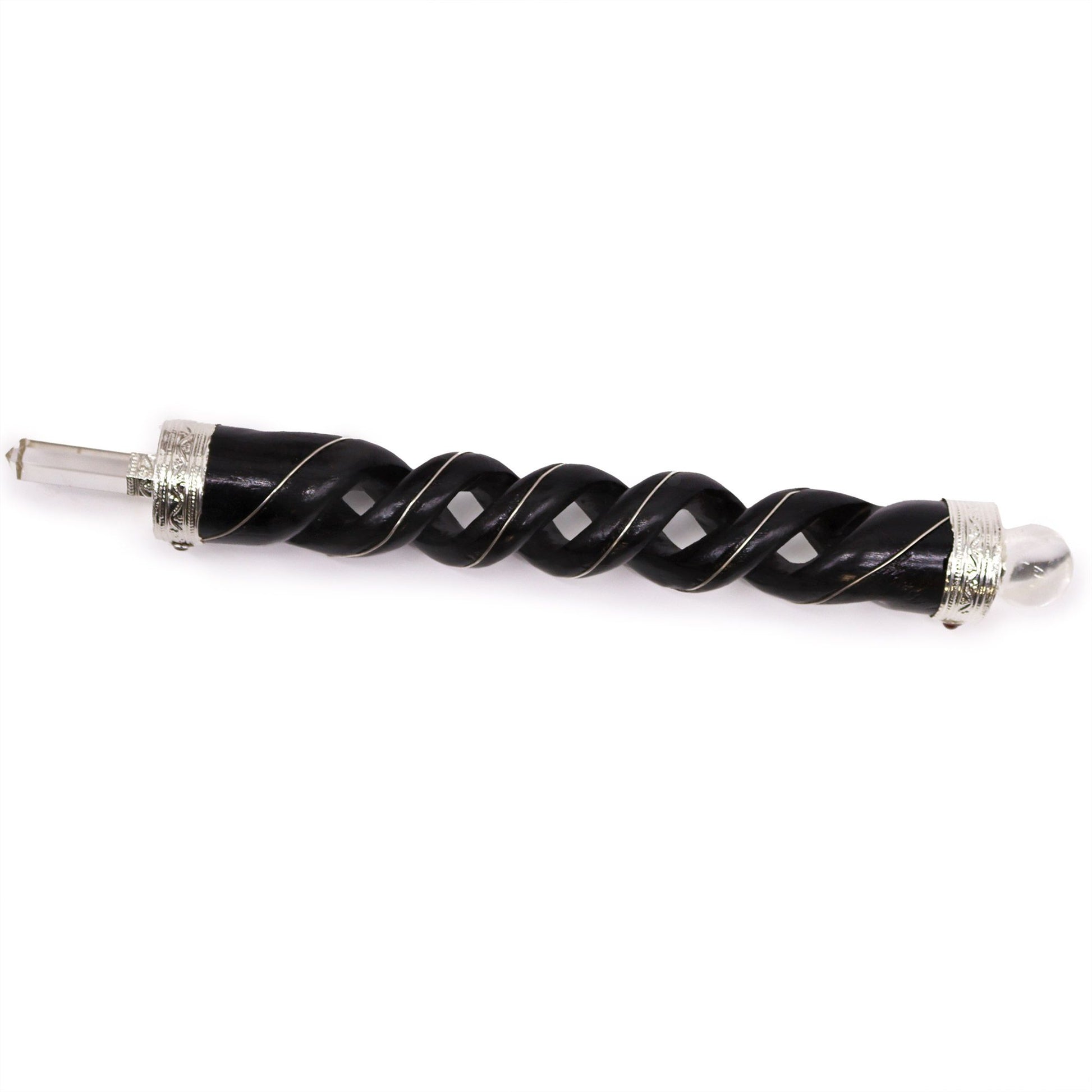 Hand-carved wooden healing wand with a spiral design, featuring a clear quartz point and sphere with metal detailing.
