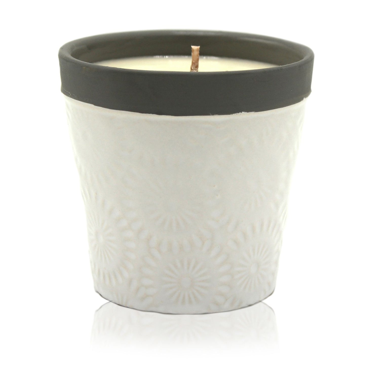 Large cream-coloured ceramic candle pot filled with natural soy wax and a single wick.