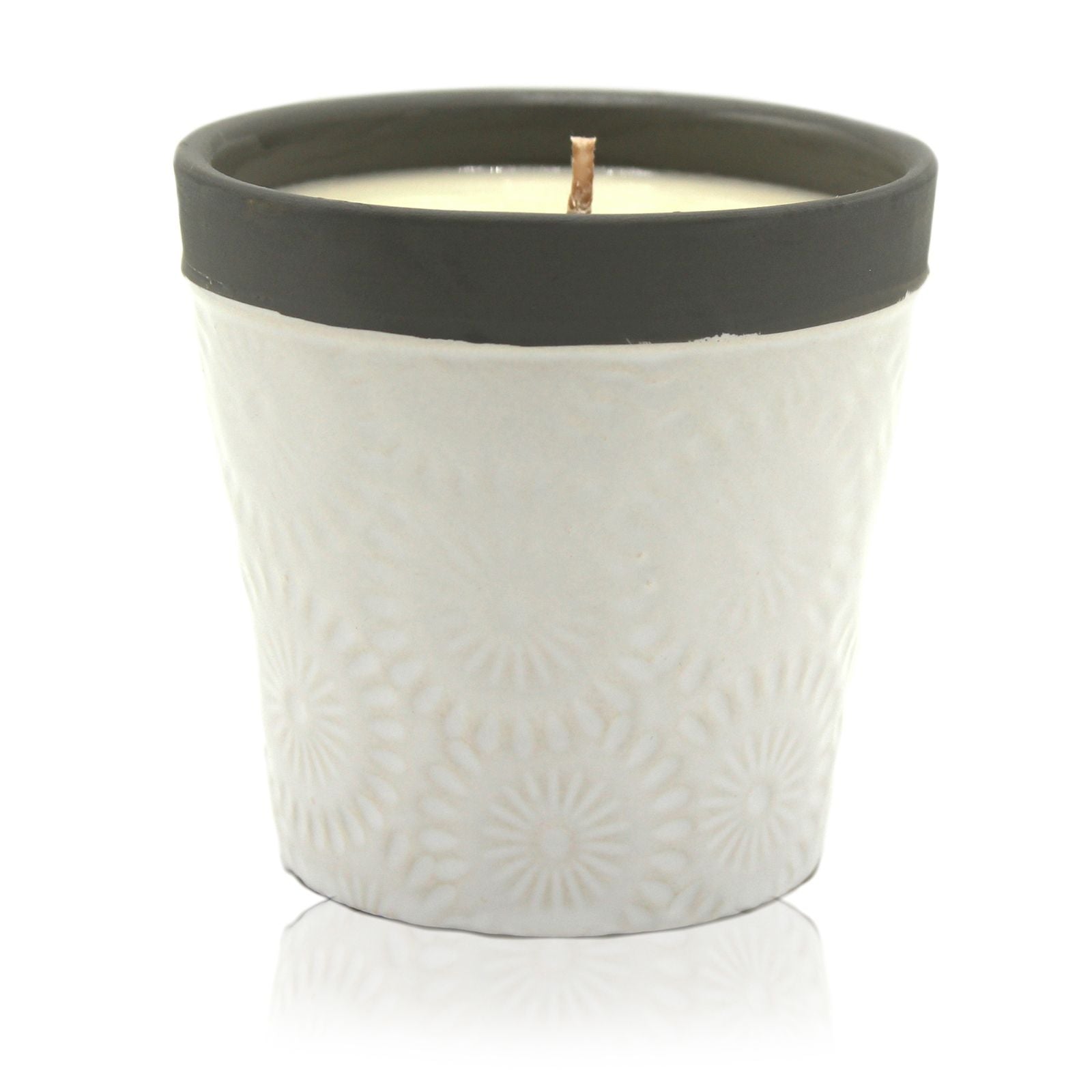 Large cream-coloured ceramic candle pot filled with natural soy wax and a single wick.
