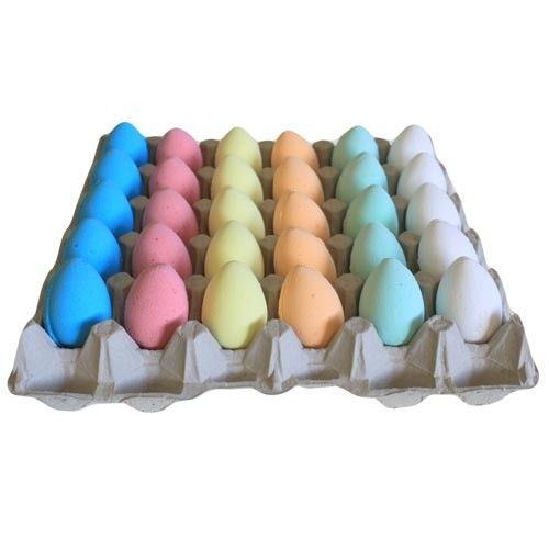 Tray of thirty colourful egg-shaped bath bombs in various pastel shades.