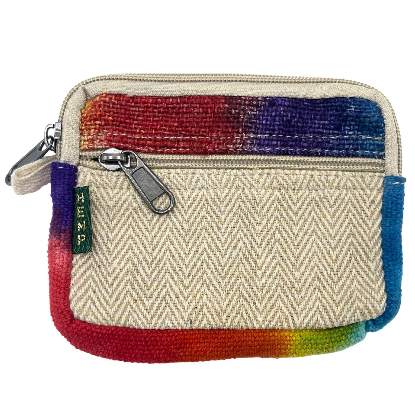 Small square pouch made from durable hemp fabric featuring a vibrant bohemian tie-dye pattern.