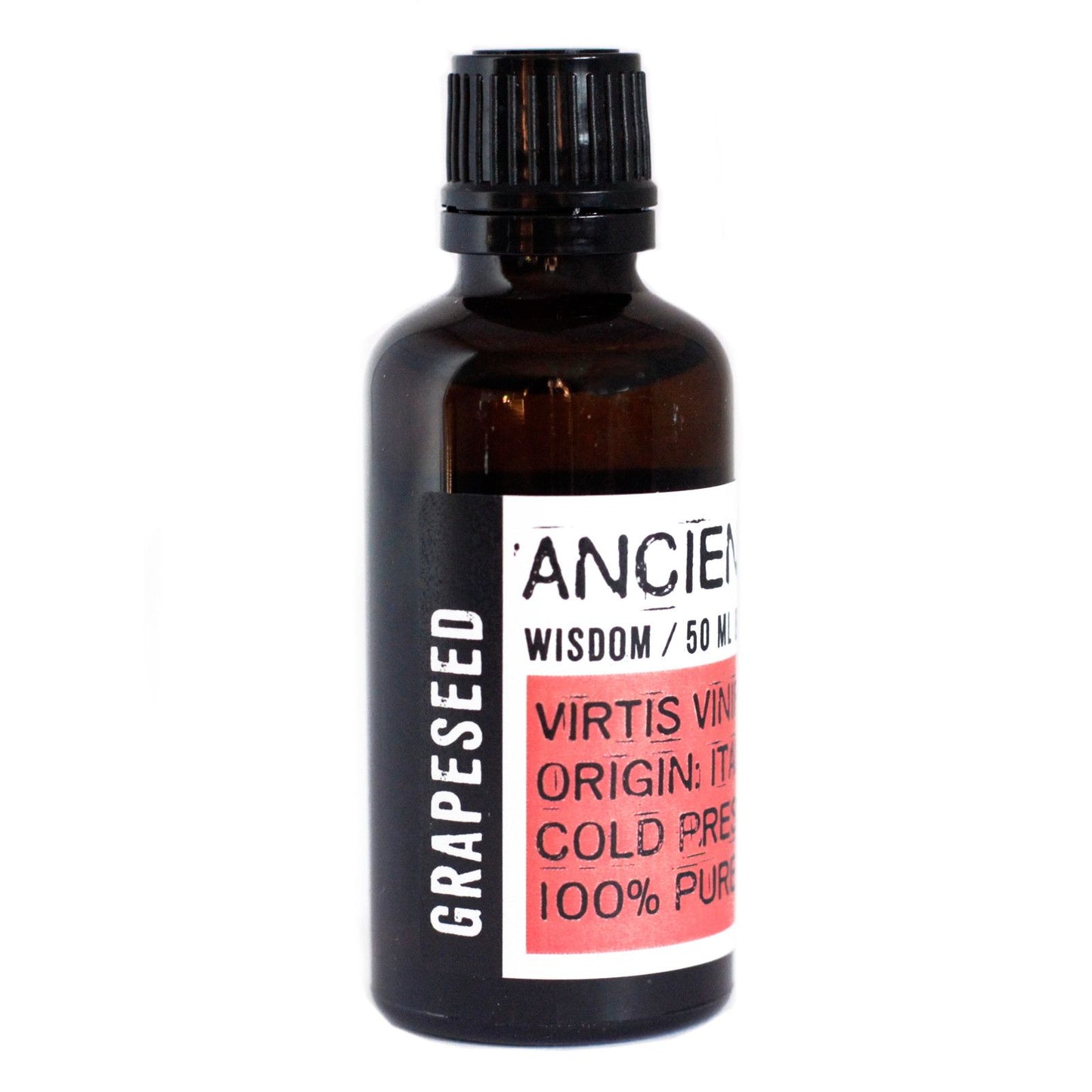 A 50ml amber glass bottle of clear grapeseed carrier oil with a black dropper cap on a plain background.