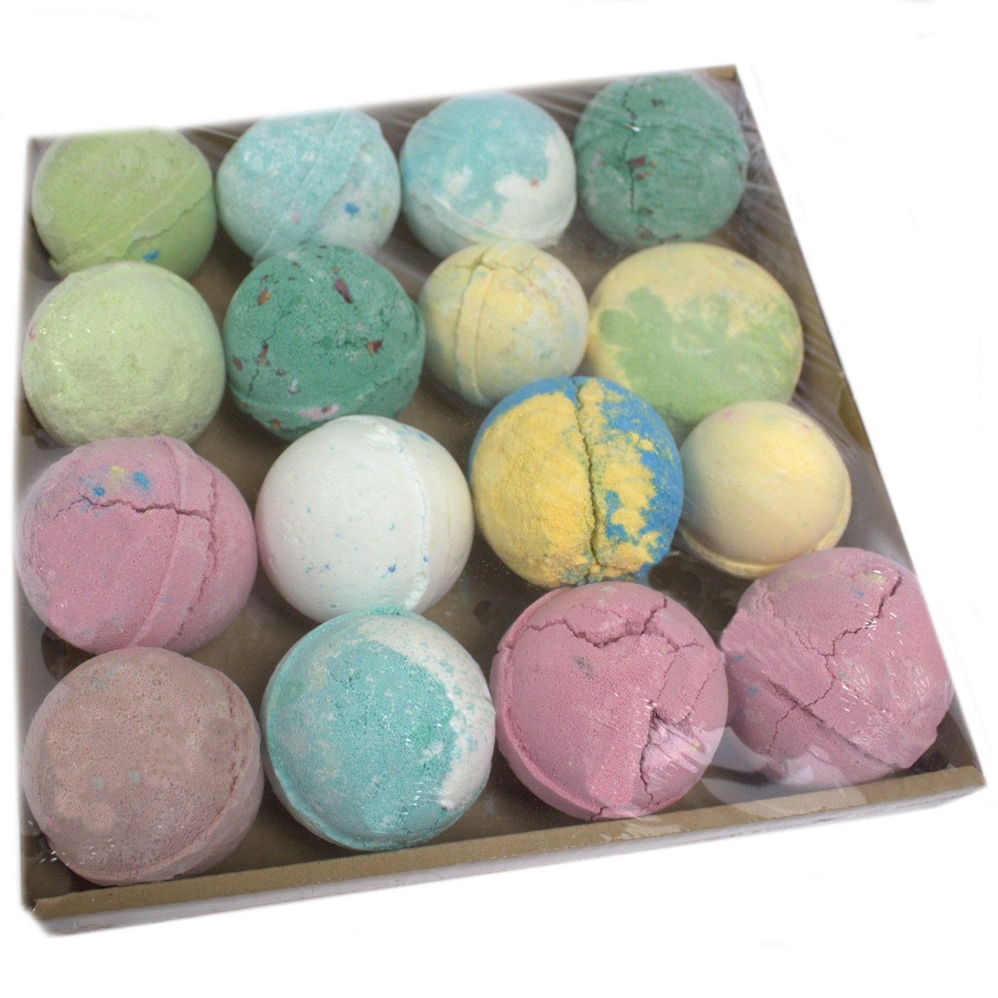 Assorted colourful bath bombs in various unique shapes and sizes.