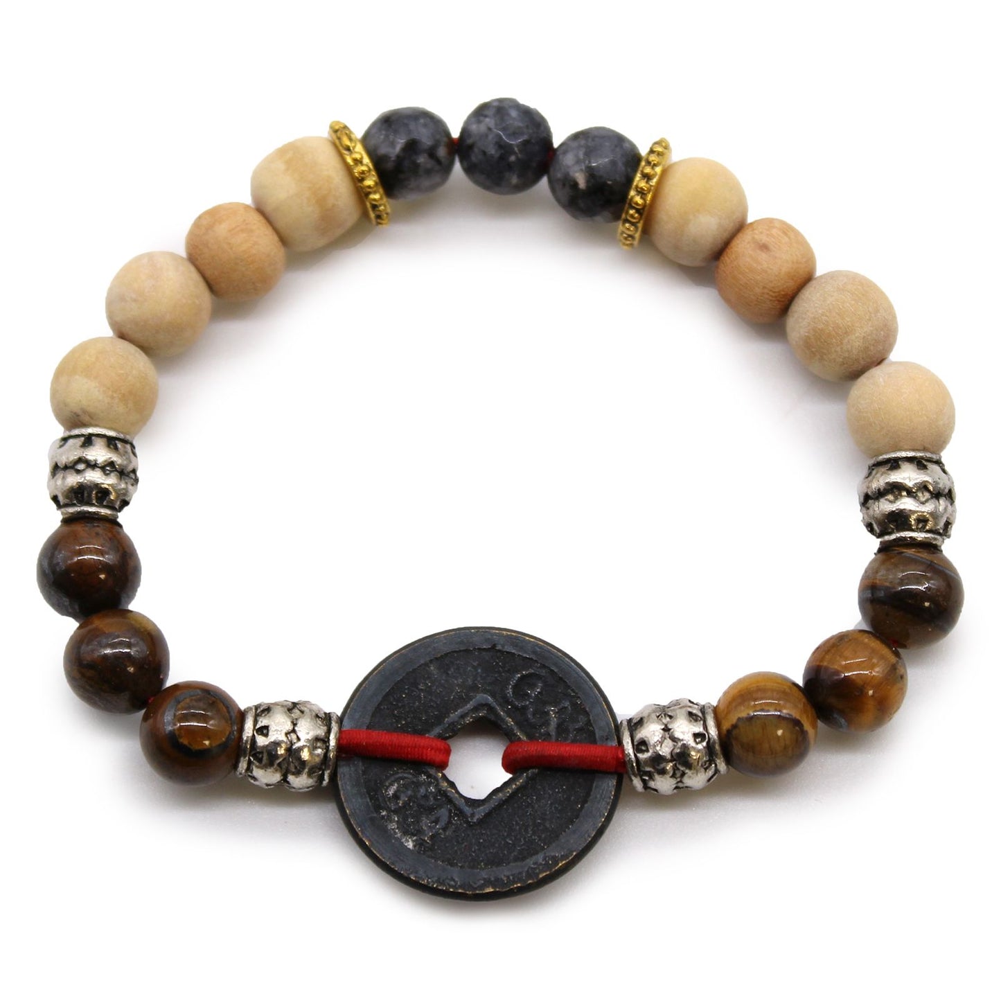Handcrafted woven bangle featuring a symbolic blend of white, black, and grey threads representing universal balance.