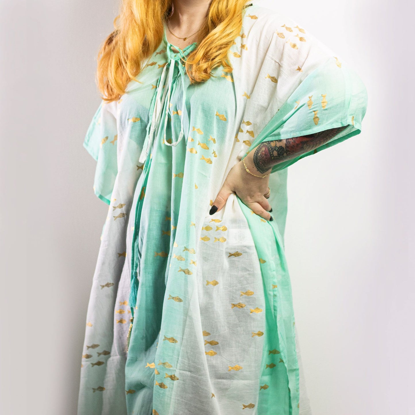 Nomad Sari On the Med Collection - Kaftan - White & Turquoise & Gold Fish Design