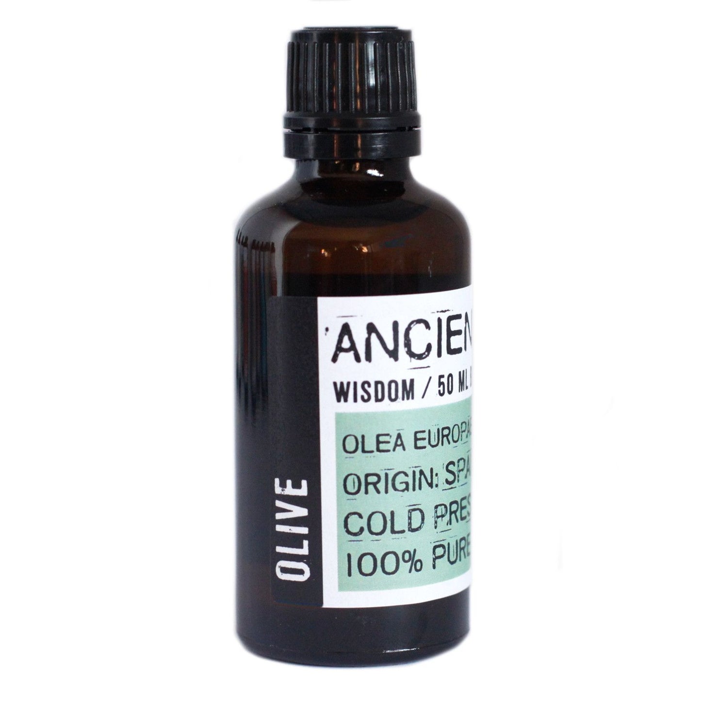 A 50ml amber glass bottle containing high-quality green-tinted olive oil for skincare and aromatherapy.