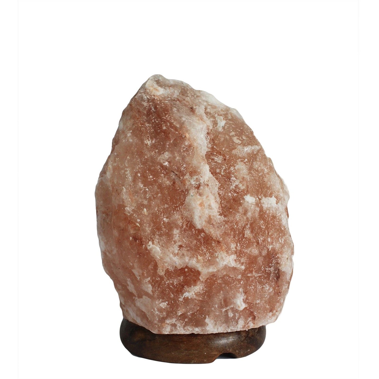 Hand-carved natural Himalayan pink salt lamp on a wooden base, emitting a warm orange glow.