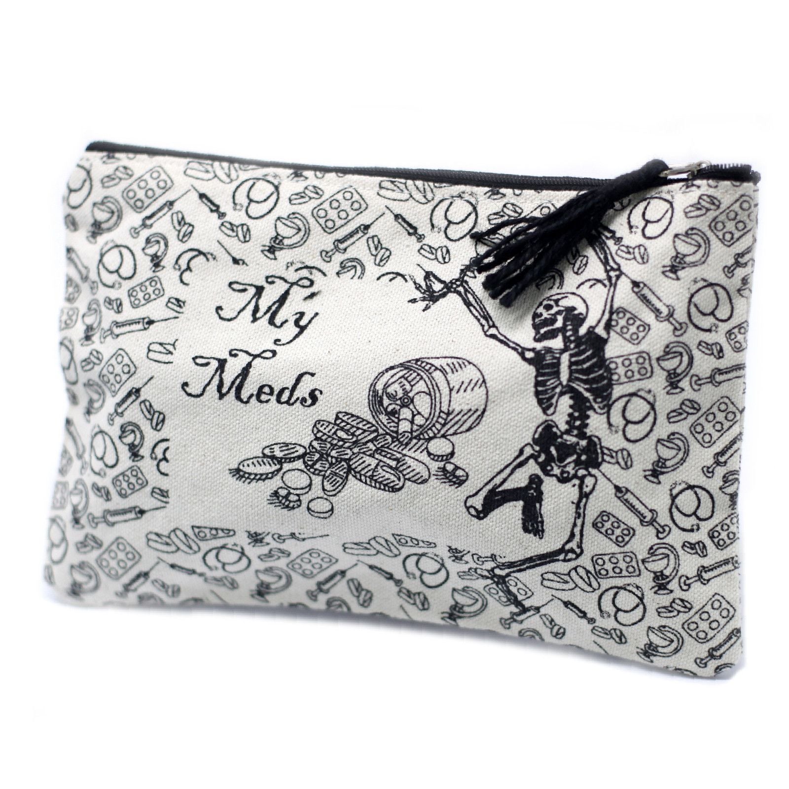 Small black zippered pouch with My Med text for organising personal health essentials.