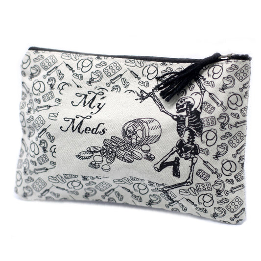 Small black zippered pouch with My Med text for organising personal health essentials.