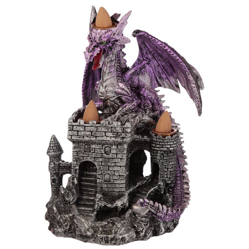 Detailed resin incense burner featuring a purple dragon perched on a silver castle with triple backflow smoke waterfalls.