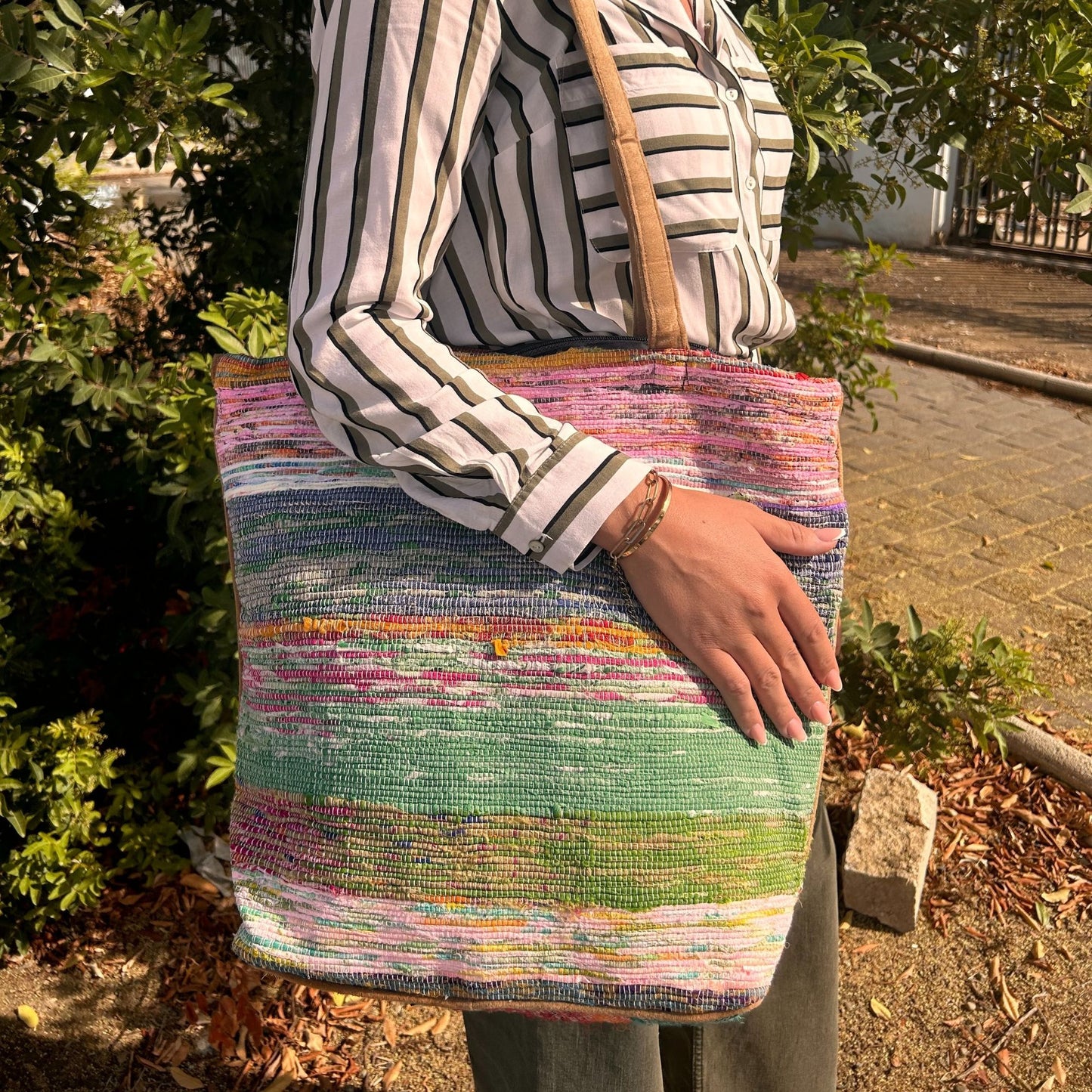 Large patterned tote bag made from recycled rugs featuring a blend of dark, sunset-inspired 'Shades of Dusk' tones.
