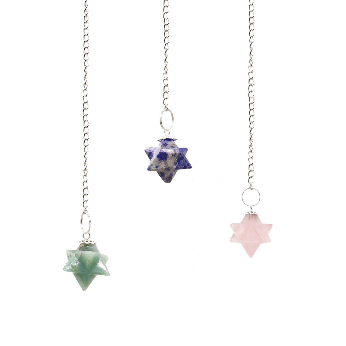 Crystalline star-shaped pendulum with a silver chain and small gemstone bead topper on a neutral background.