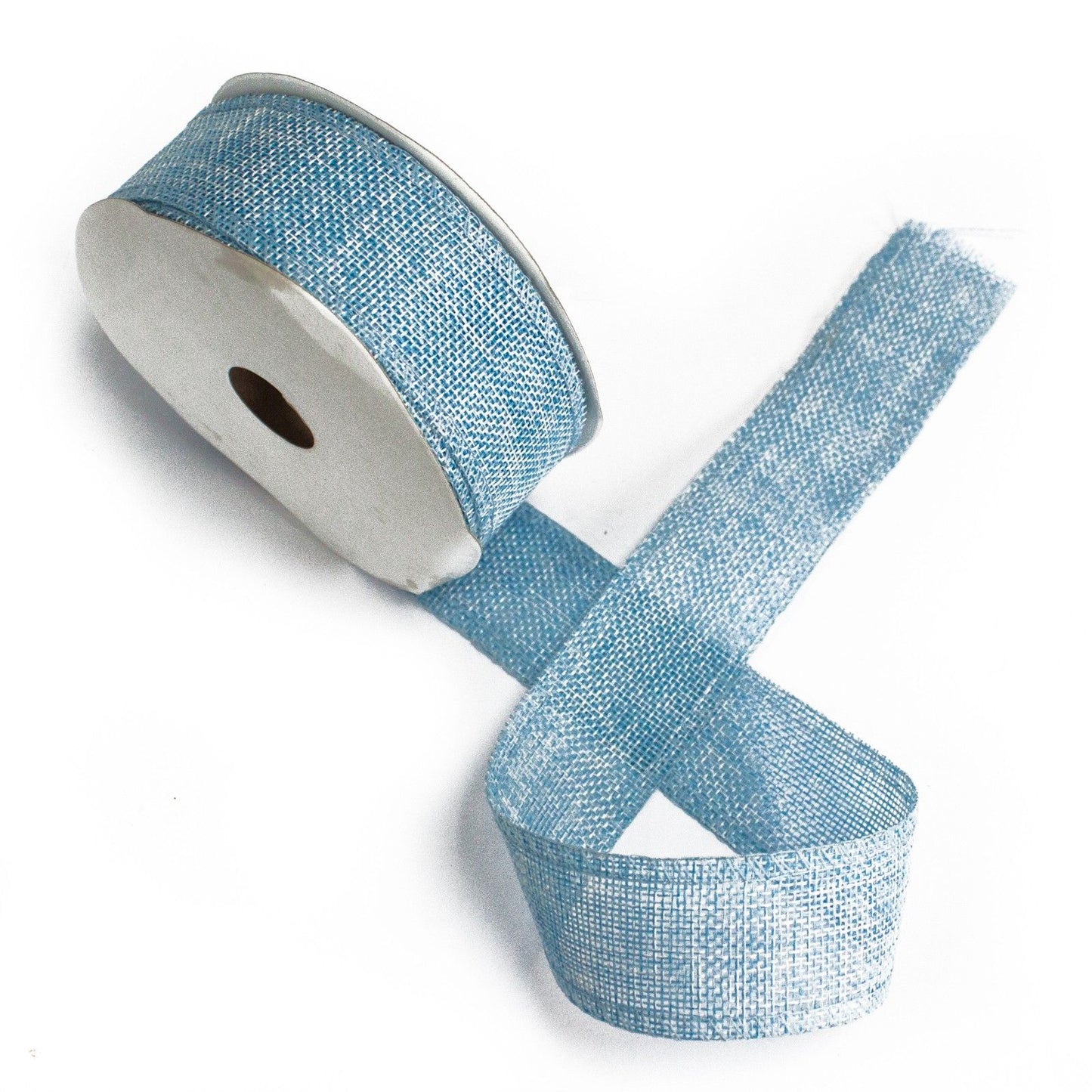 A roll of soft baby blue ribbon with a natural non-woven texture, perfect for decorative gift wrapping and bows.