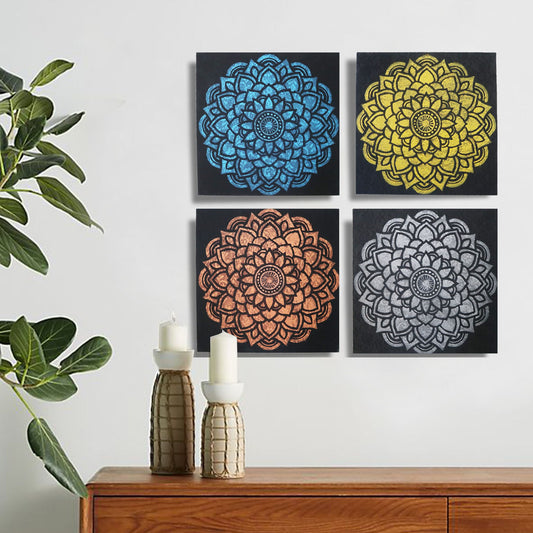 Four square mandala wall art pieces with intricate brocade detailing and vibrant patterns in a set.