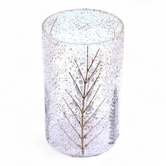 Tall clear glass vase candle holder featuring delicate real pressed green leaves and unique air bubble textures.