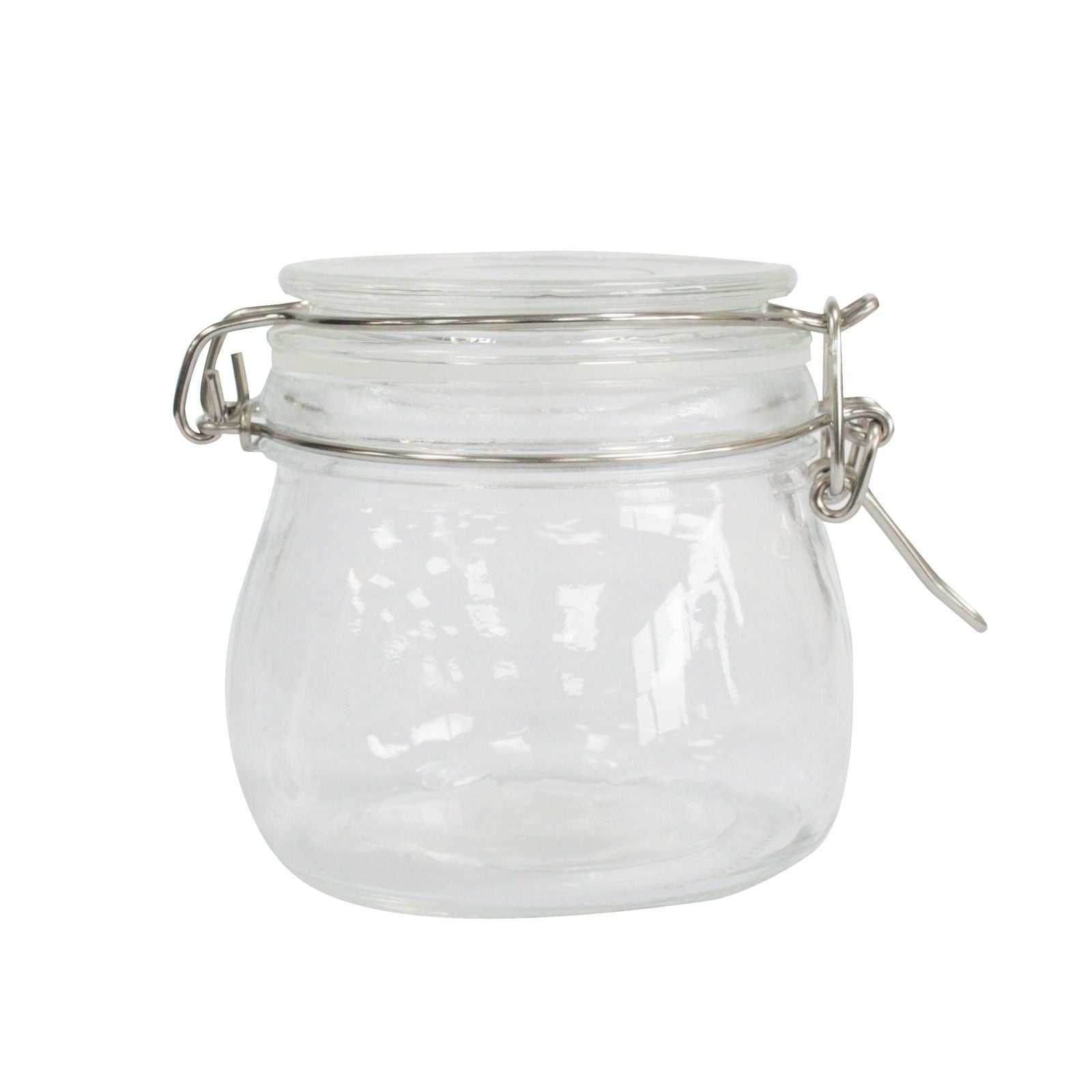 Classic 500ml clear glass storage jar with a traditional airtight clip top lid and orange rubber seal.