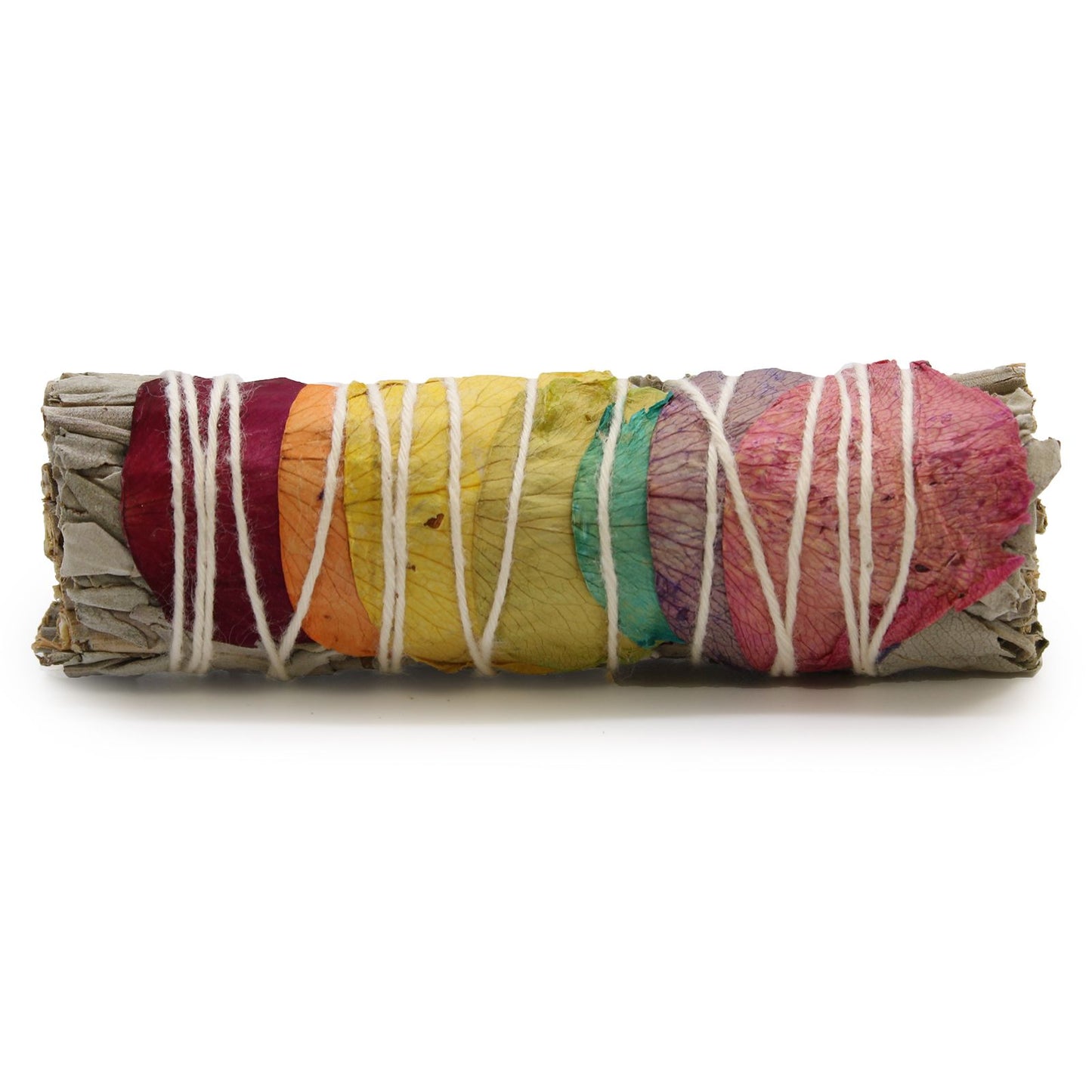 Handcrafted white sage smudge stick decorated with seven vibrant rose petals representing the chakra colours.