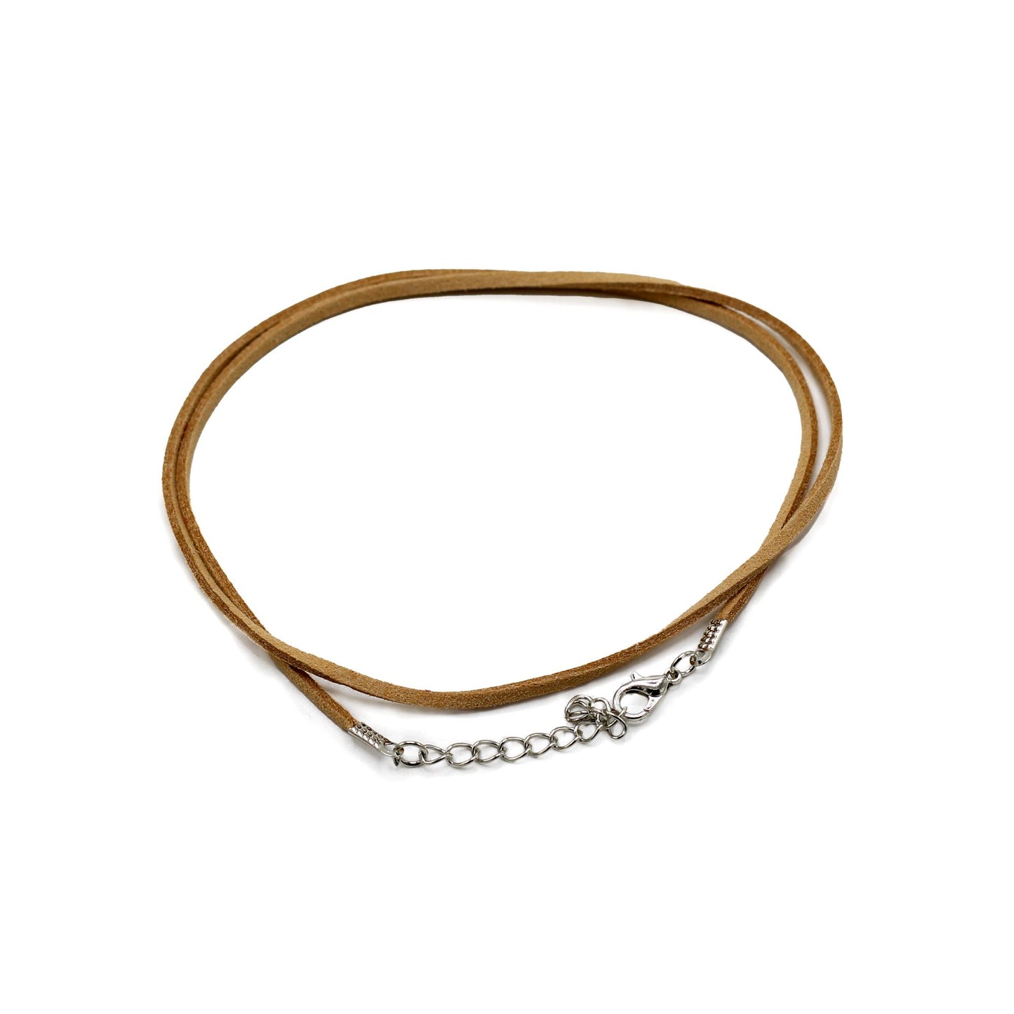 Tan faux leather pendant cord with a silver-coloured metal lobster clasp on a white background.