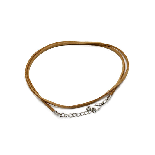 Tan faux leather pendant cord with a silver-coloured metal lobster clasp on a white background.