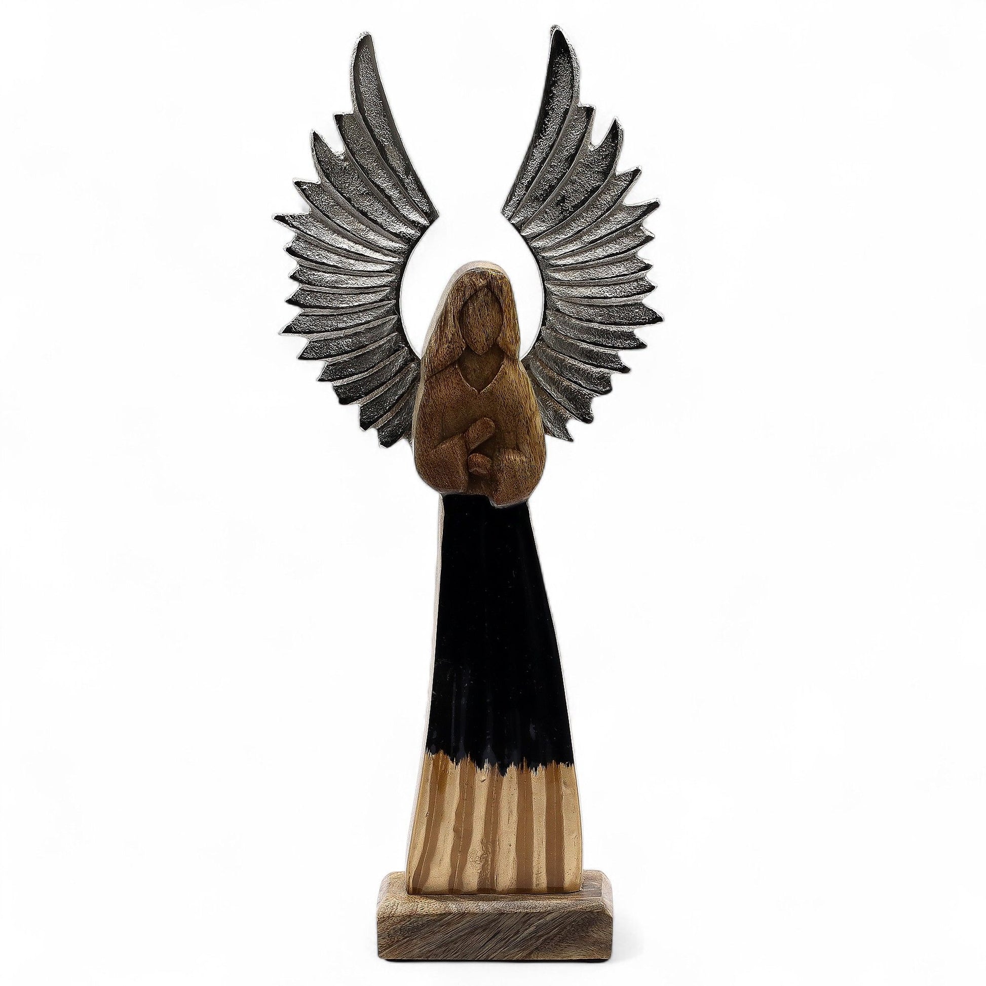 Tall hand-carved mango wood guardian angel statue with silver metal wings and a decorative black enamel flowing robe.