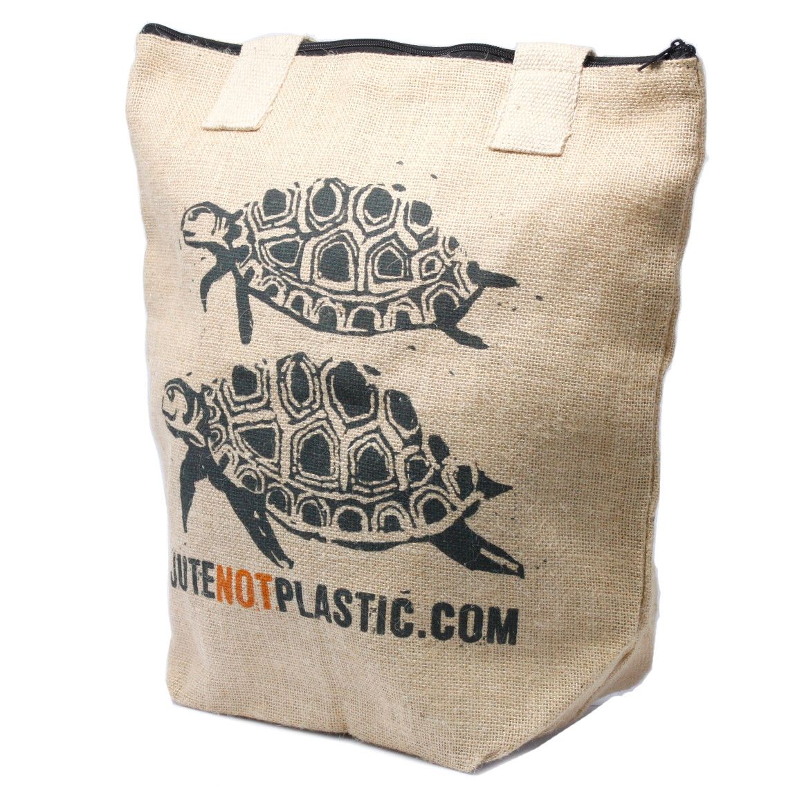 Large eco-friendly jute shopping bag featuring a stylish design of two sea turtles with sturdy cotton handles.