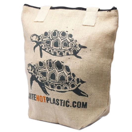 Large eco-friendly jute shopping bag featuring a stylish design of two sea turtles with sturdy cotton handles.