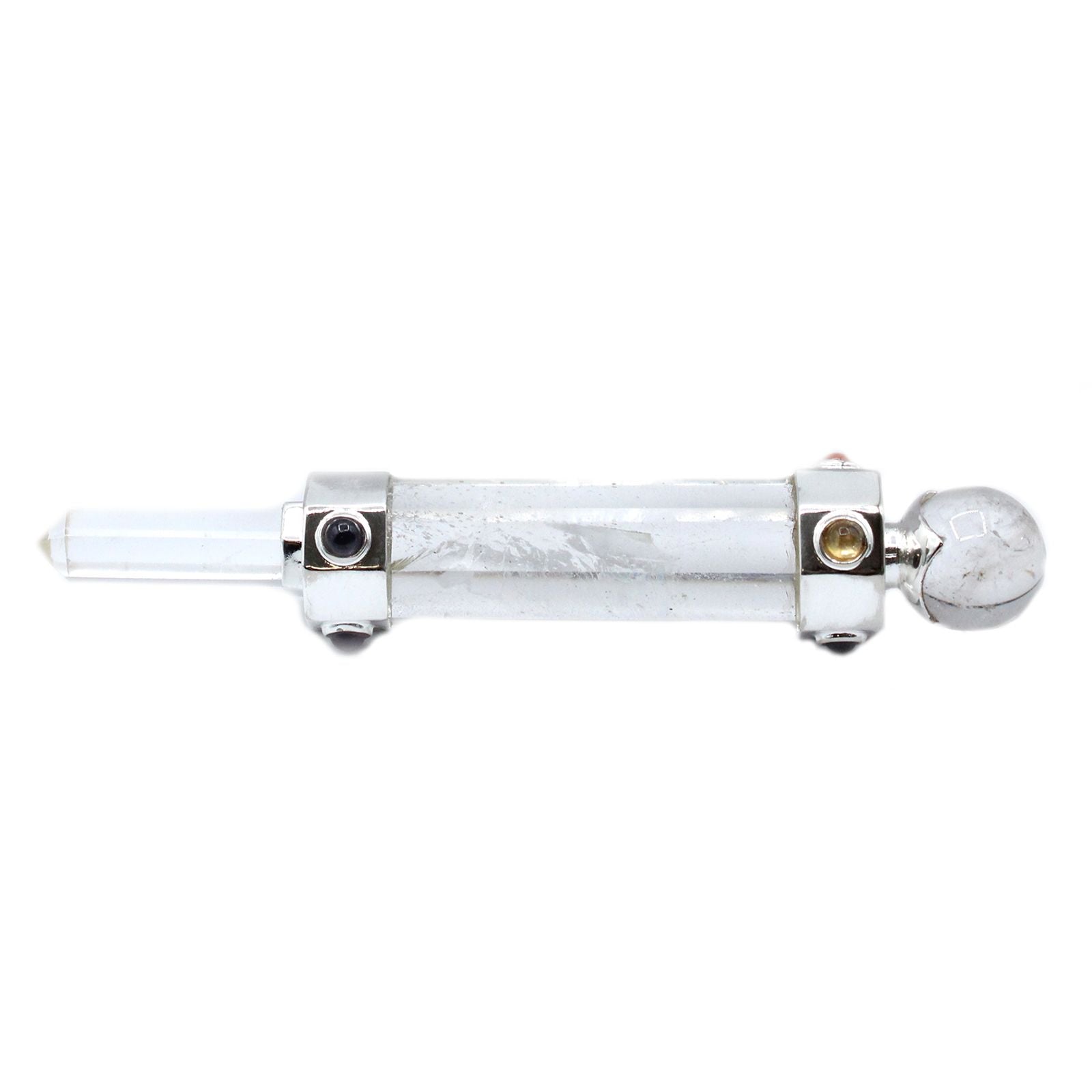 Clear hexagonal rock quartz crystal healing wand with a pointed tip and flat base, measuring 12cm in length.