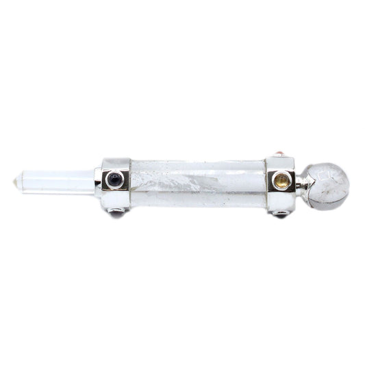 Clear hexagonal rock quartz crystal healing wand with a pointed tip and flat base, measuring 12cm in length.