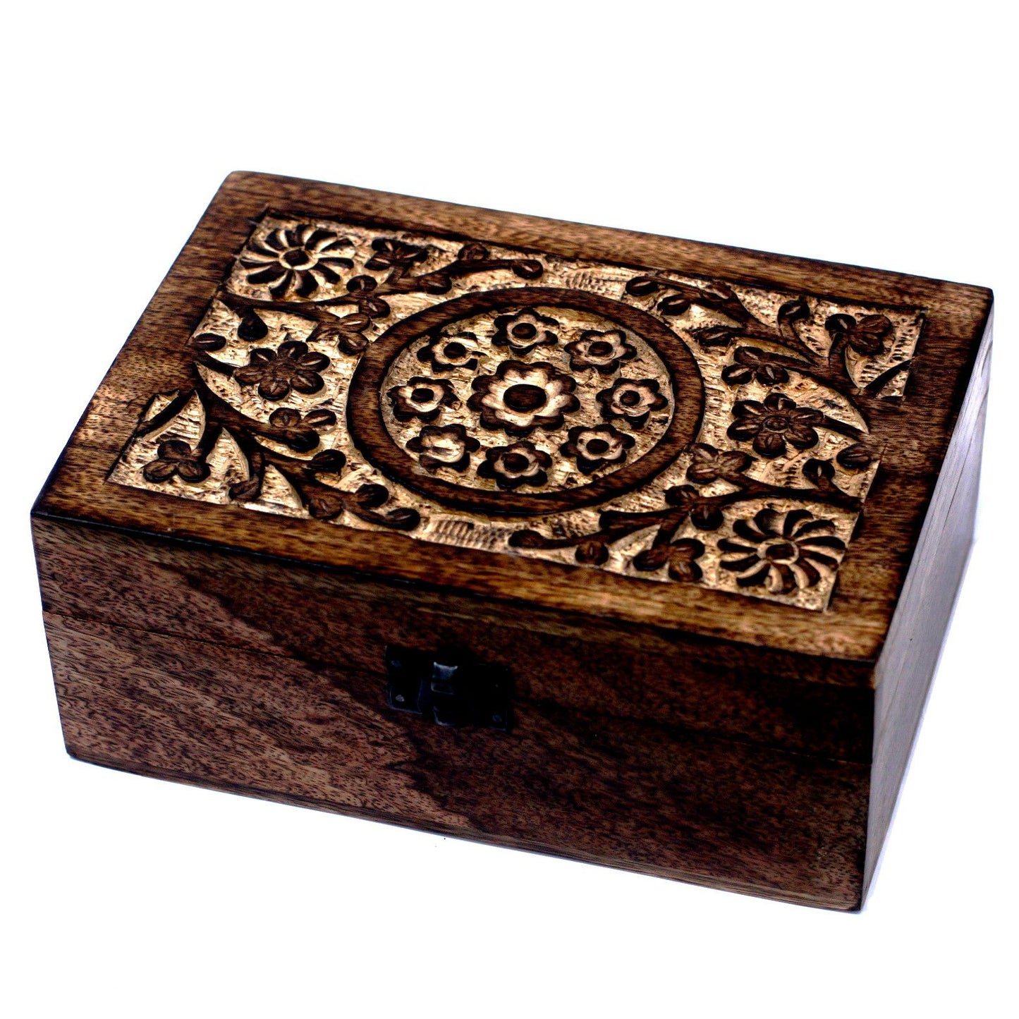 Hand-carved mango wood storage box with intricate floral designs, featuring 24 internal slots for essential oil bottles.