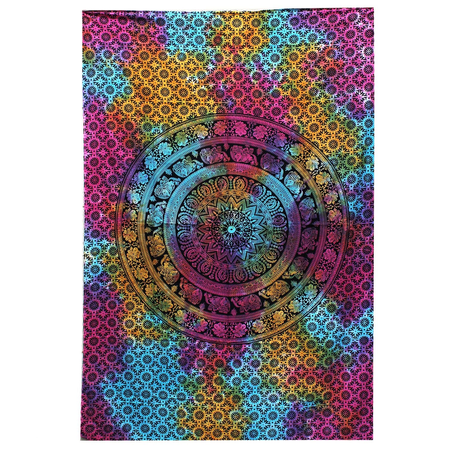 Large blue and white cotton bedspread featuring an intricate mandala design with traditional elephant motifs.