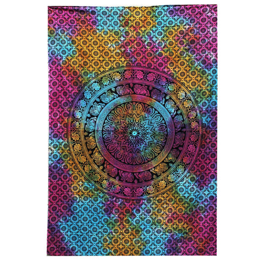 Large blue and white cotton bedspread featuring an intricate mandala design with traditional elephant motifs.