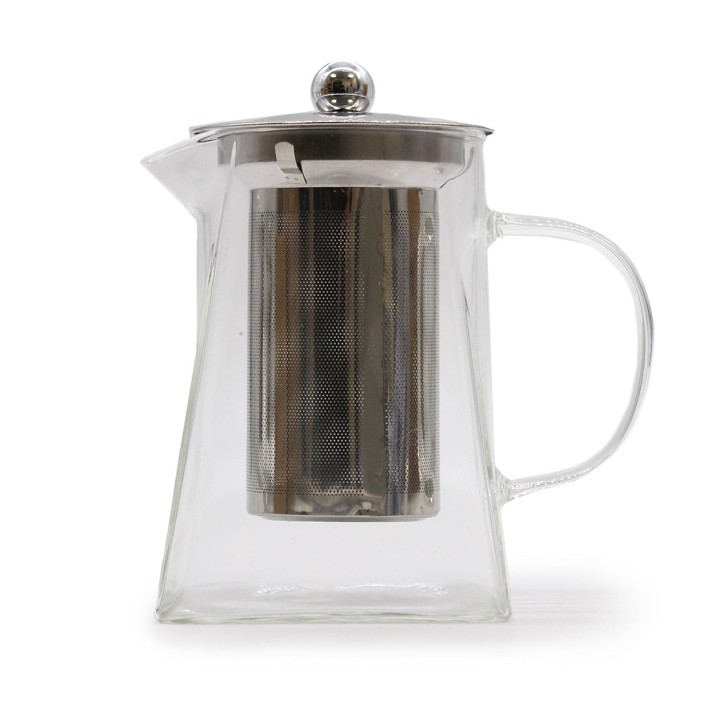 Elegant tower-shaped clear glass teapot featuring a removable central infuser and a sleek modern design.