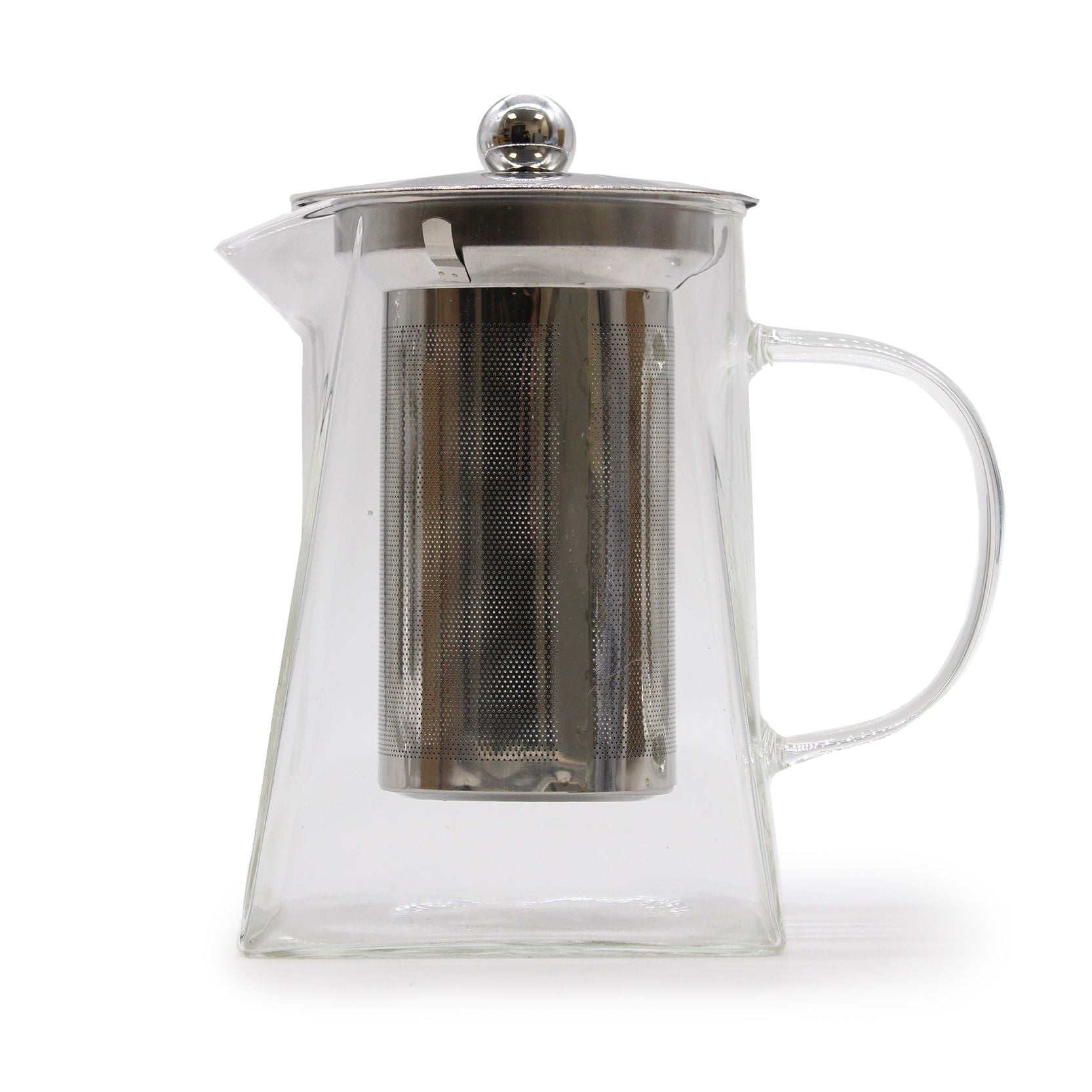 Elegant tower-shaped clear glass teapot featuring a removable central infuser and a sleek modern design.