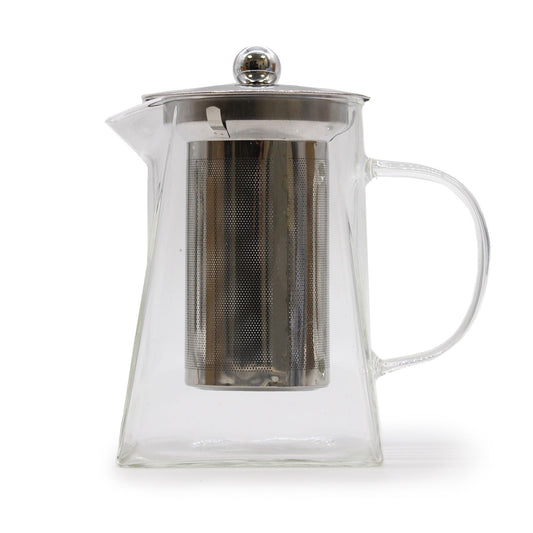 Elegant tower-shaped clear glass teapot featuring a removable central infuser and a sleek modern design.