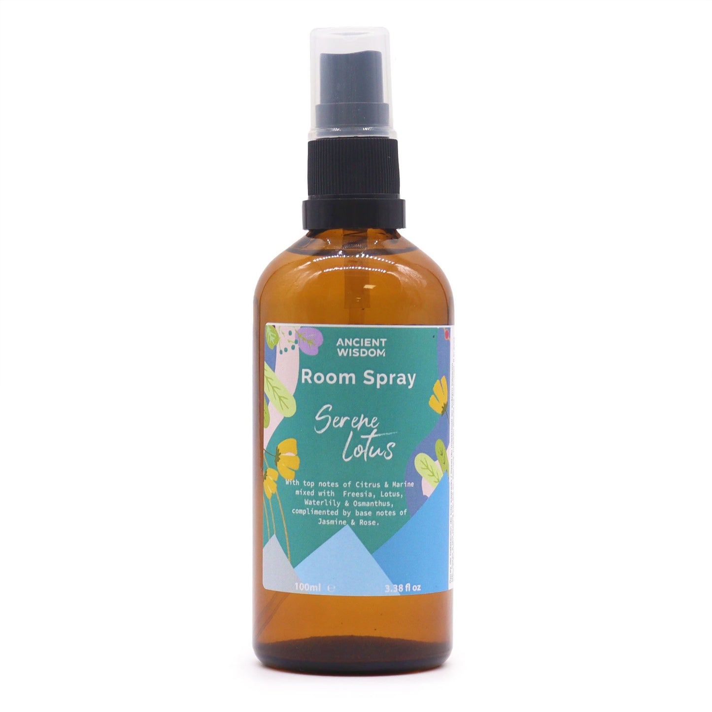 A 100ml room spray bottle labelled Serene Lotus, featuring a minimalist design suitable for a spiritual home setting.