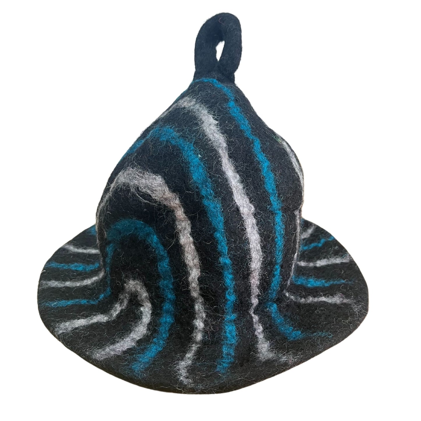 Handcrafted felted wool sauna hat in black with vibrant blue streak patterns in a traditional bowl shape.