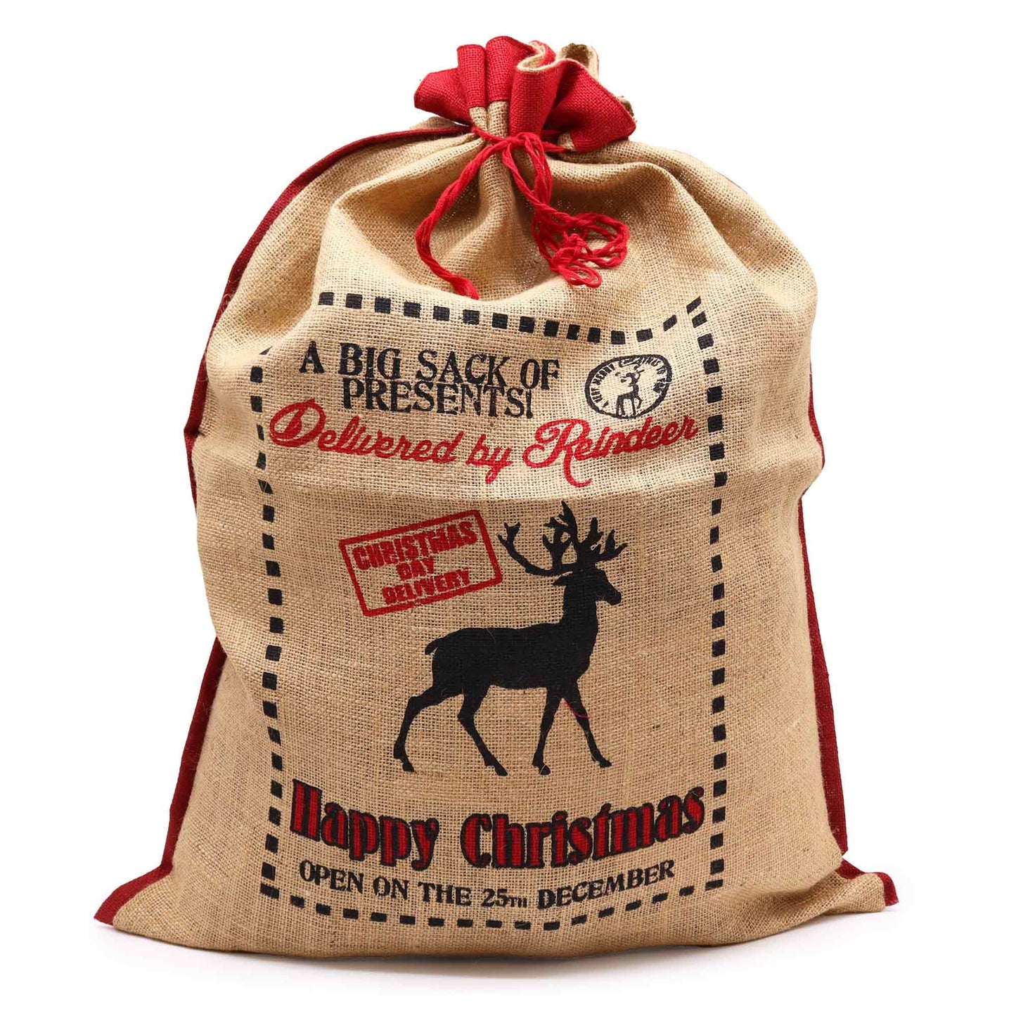 Large rustic jute Christmas gift sack featuring a festive Delivered By Reindeer print and sturdy drawstring closure.