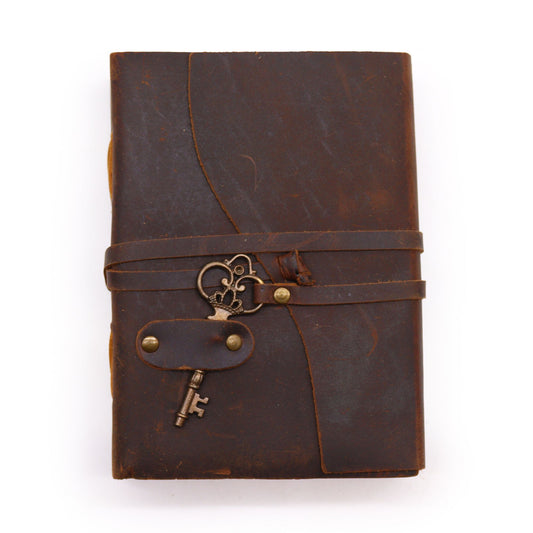 Vintage brown oiled leather notebook featuring a metal key charm closure and rustic deckle-edged paper.
