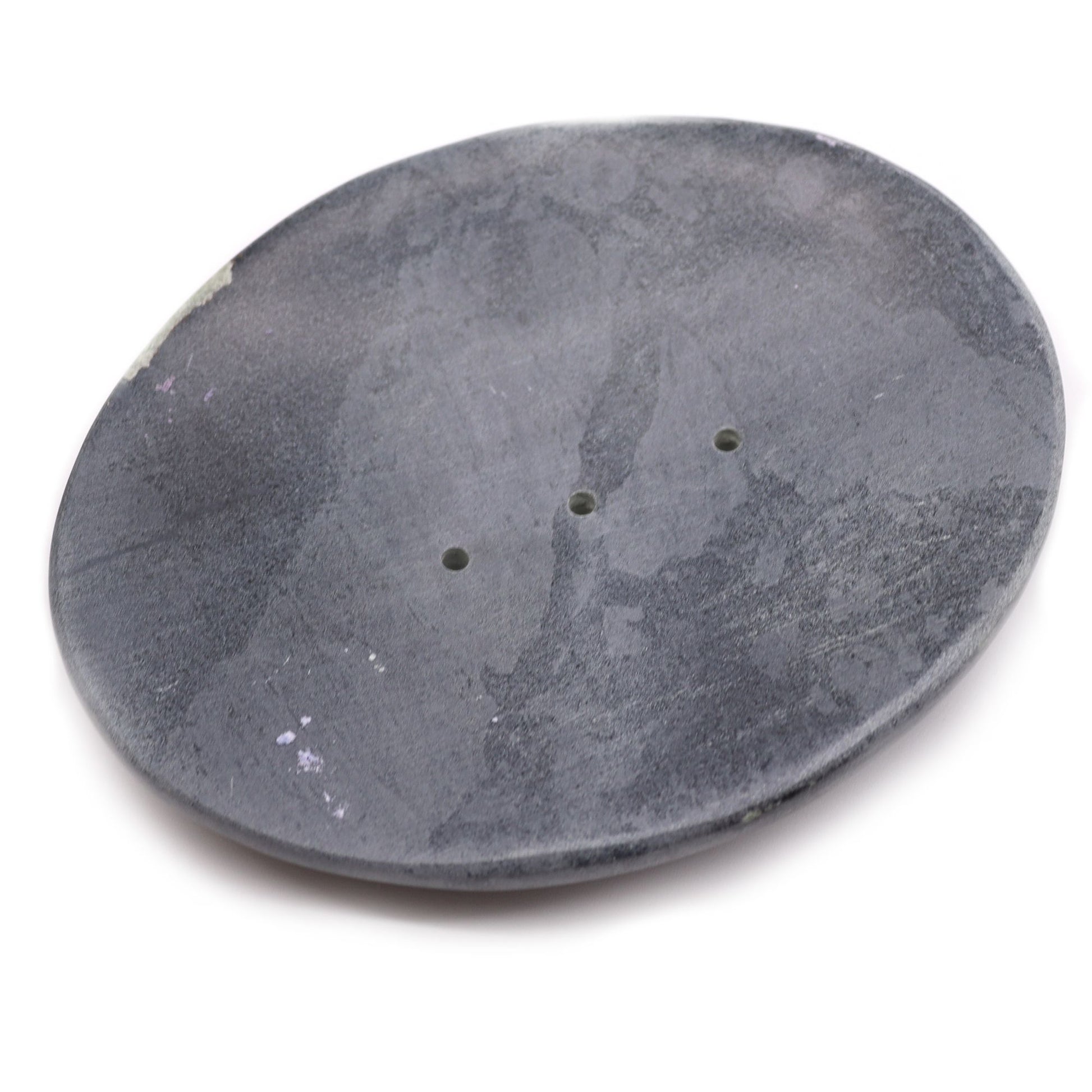 Elegant grey soapstone soap dish in a classic oval shape with a smooth natural stone finish.