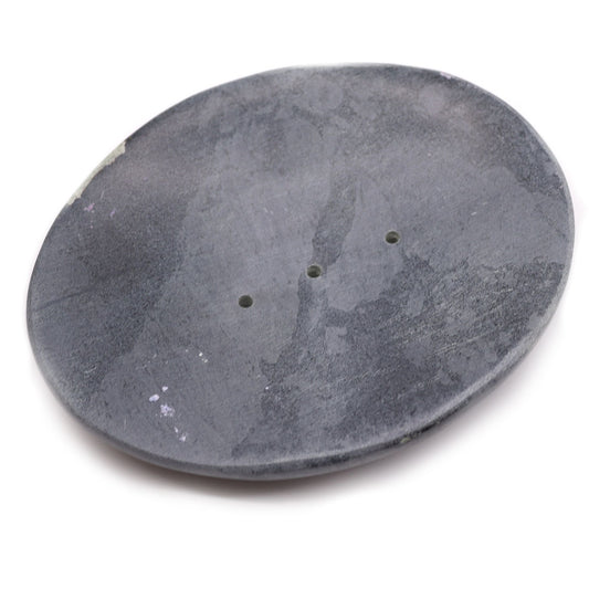 Elegant grey soapstone soap dish in a classic oval shape with a smooth natural stone finish.
