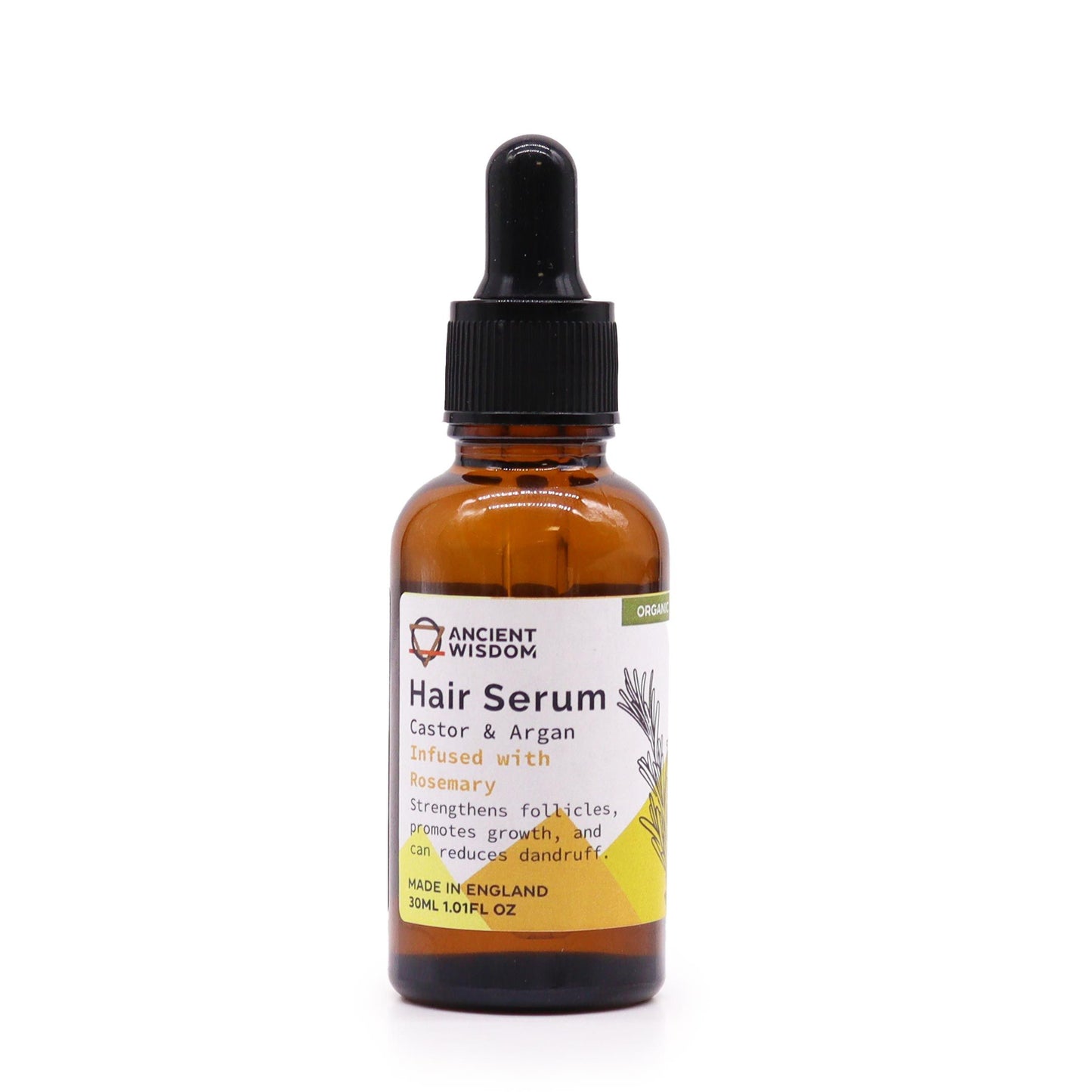 Clear glass bottle of organic rosemary hair serum with a dropper lid, highlighting natural hair care.