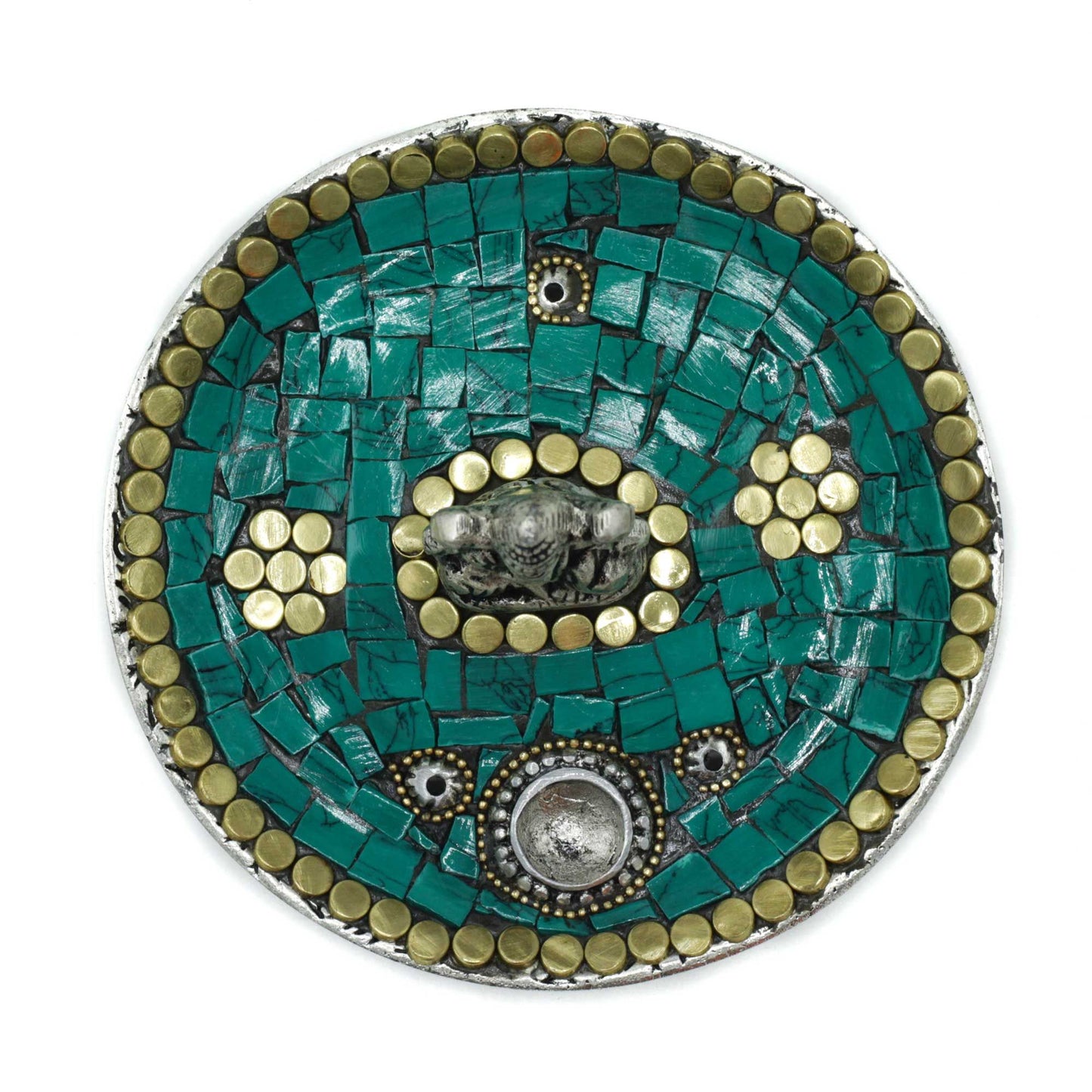 Circular metallic incense plate featuring an embossed Ganesha deity design with holders for incense sticks and cones.